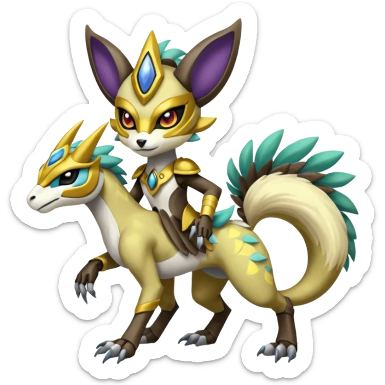 Colorful masked armored leathery scaly furry Meloetta-Manectric-Solgaleo-Raikou-Pokémon-Digimon-Fakémon-fusion-hybrid-creature sticker
