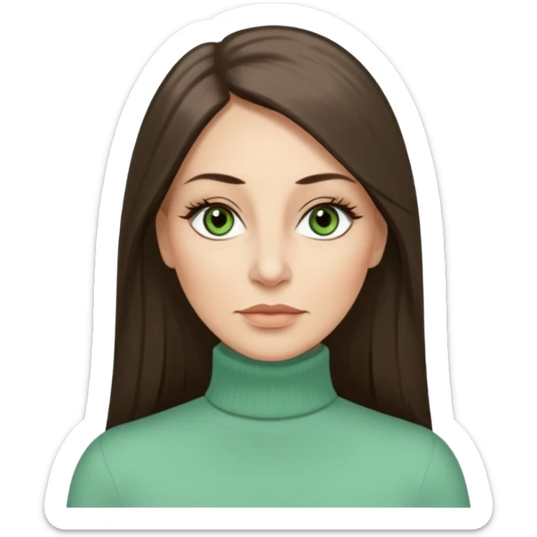 43 year old Adult woman avatar, light skin tone, long, oval face, long straight ashy brown hair, green almond-shaped eyes with dramatic eyelashes and minimal eyeliner, neutral mouth, medium straight eyebrows, average nose, smooth skin,  mint green turtle neck  sticker