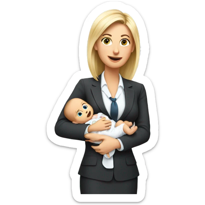 Busy european mom in businesssuit with baby sticker