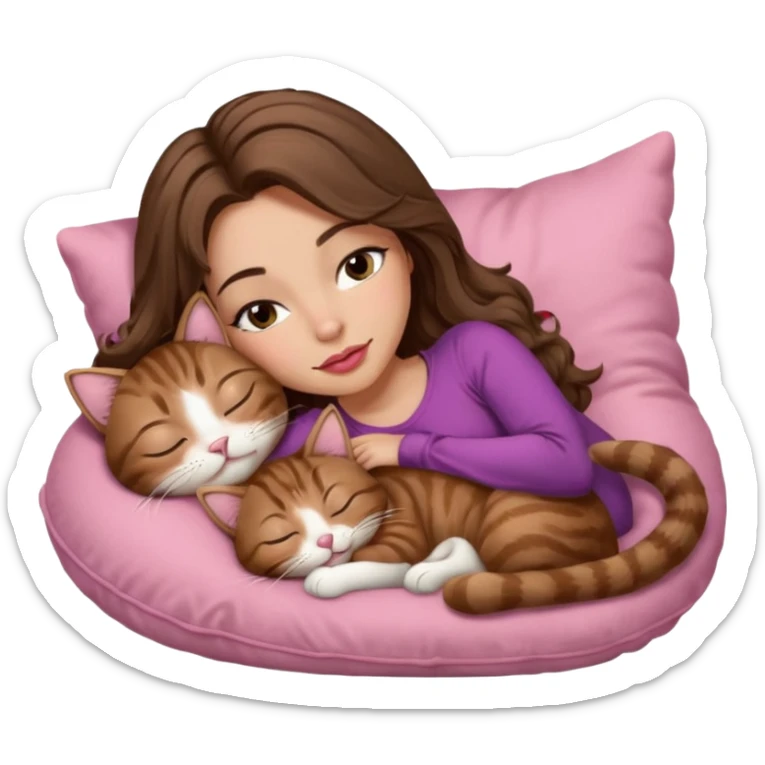 girl with long wavy brown hair, brown eyes, long lashes makeup, sexy pink lips, light to medium complexion,  sleeping on a cozy pillow, with brown tabby cat, sleeping sticker