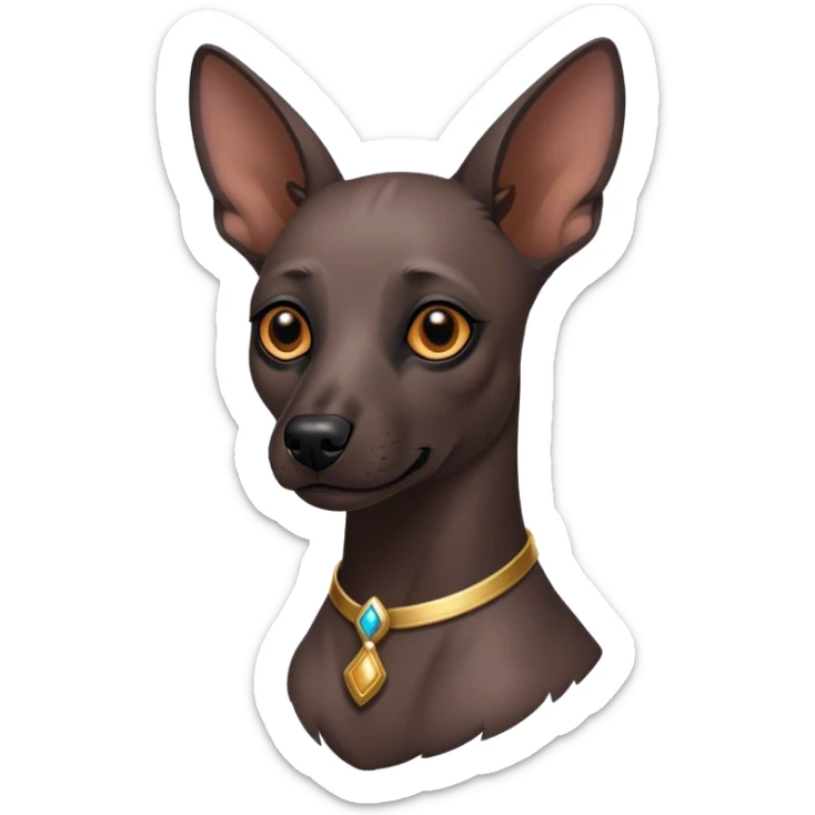 Cinematic Noble Xoloitzcuintle dog Portrait Emoji, Poised and regal, with a sleek, muscular build and smooth, hairless ebony skin accented by subtle wrinkles, deep-set soulful dark eyes, Simplified yet sharp and sophisticated features, highly detailed, glowing with a soft, dignified glow, high shine, intelligent and loyal, stylized with an air of ancient grace, focused and attentive, soft glowing outline, capturing the essence of a watchful and confident guardian, so majestic it feels as though it could stride out of the screen with effortless authority! sticker