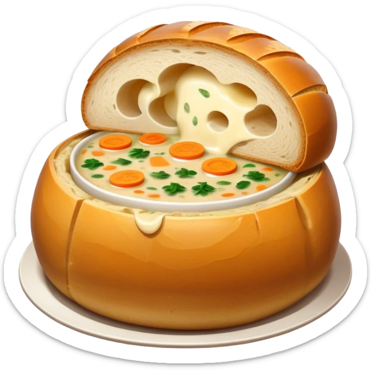 Żurek Cinematic Realistic Żurek Soup Dish Emoji, depicted as a tangy rye soup served inside a hollowed-out round loaf of bread, rendered with rich textures and dynamic, comforting lighting. sticker