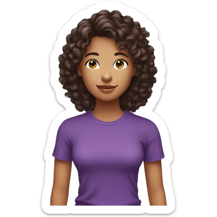 a girl with mid large dark brown curly hair and a purple tshirt sticker
