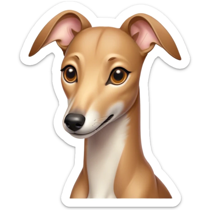 Cinematic Cute Fawn Greyhound Portrait Emoji, Head tilted playfully and inquisitively, featuring a sleek fawn Fur with a gentle sheen, round, sparkling eyes filled with curiosity, Simplified yet irresistibly adorable features, highly detailed, glowing with a warm, friendly glow, high shine, affectionate and nimble, stylized with a touch of whimsy, bright and endearing, soft glowing outline, capturing the essence of a mischievous yet loving racer, so playful it feels like it could sprint out of the screen and into your arms! sticker