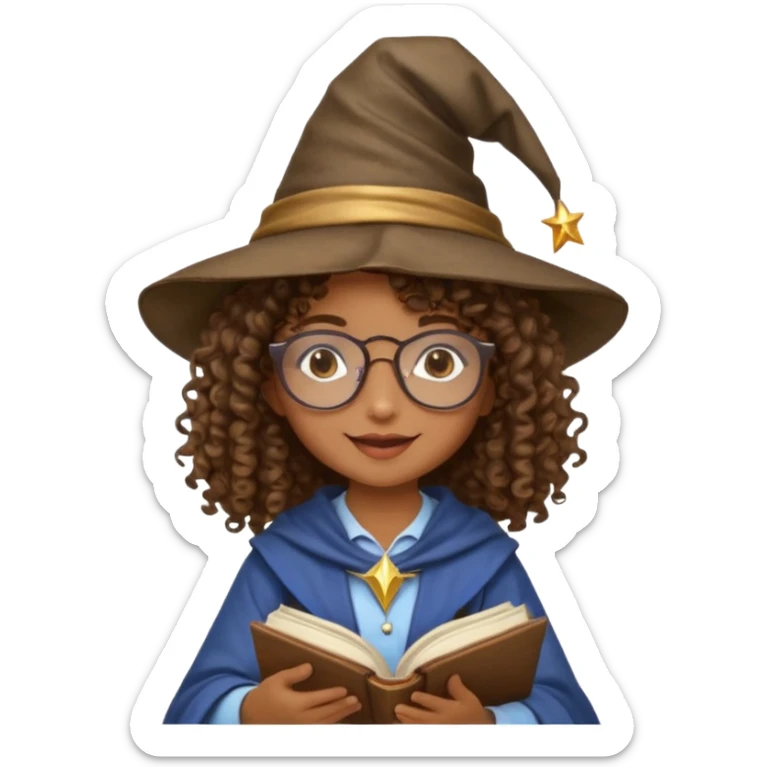 A Joyful child Female with Brown skin and Curly hair, wearing a Traditional outfit, a Wizard hat, Sunglasses, carrying a Spellbook, working as a farmer, while drinking Coffee and reading a Textbook. sticker
