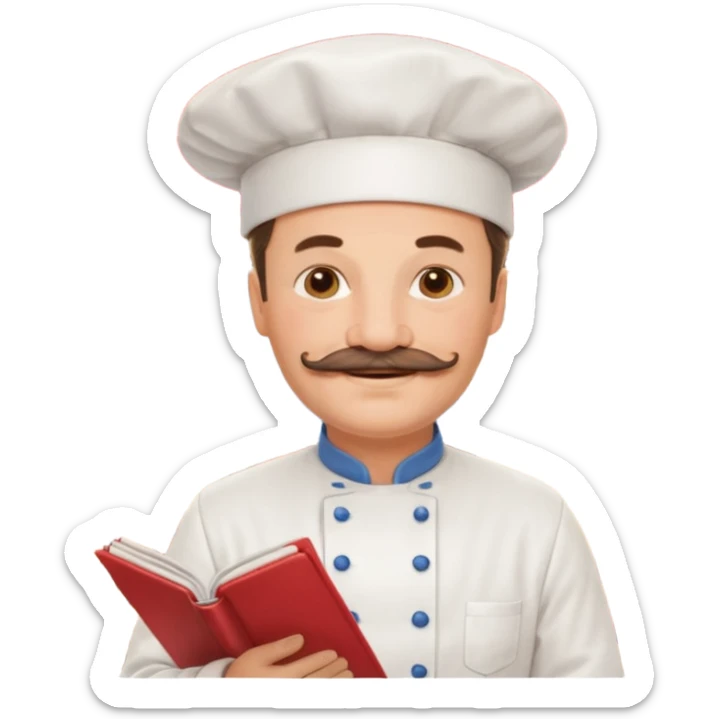 Est-ce que tu peux me faire un chef cuistot qui ressemble à Philippe Etchebest et qui est devant un restaurant? Est-ce que tu peux le faire souriant, avec une moustache de cuistot? 
 sticker