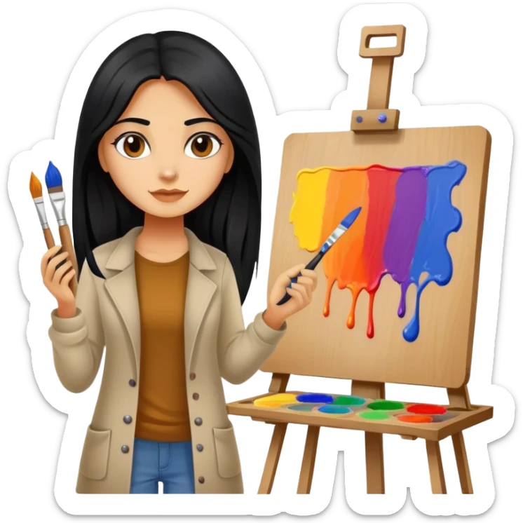 painting, easel, master piece, artist, long black hair tanned woman, paint pallet colors and paint brush,  sticker