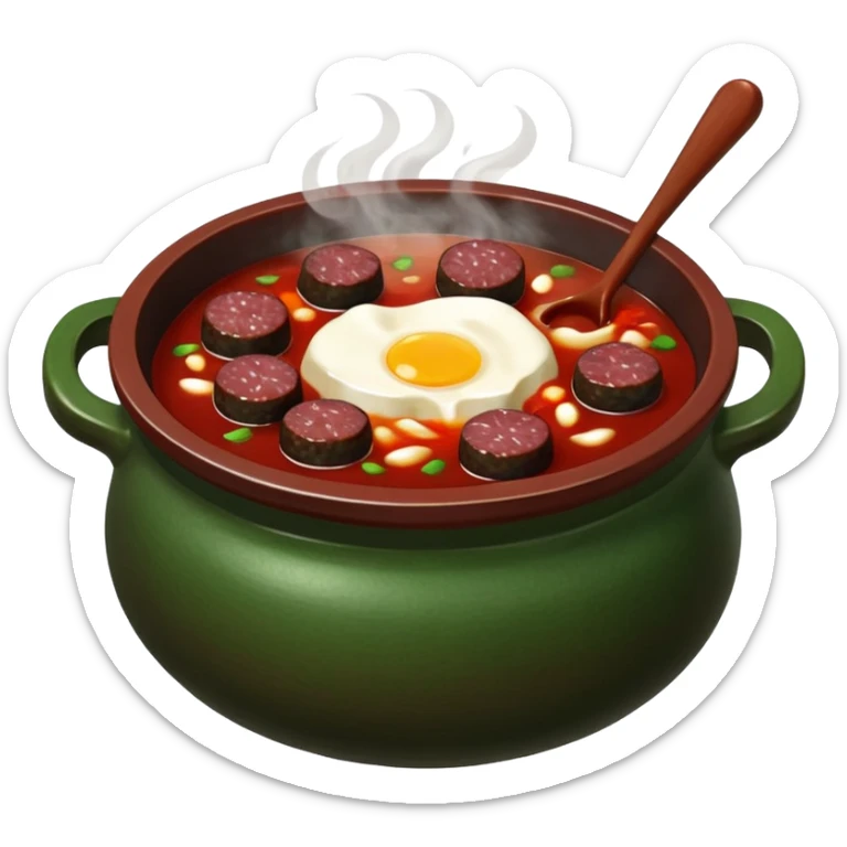 steaming hot bowl of Korean sundae gukbap blood sausage soup in traditional earthenware pot sticker