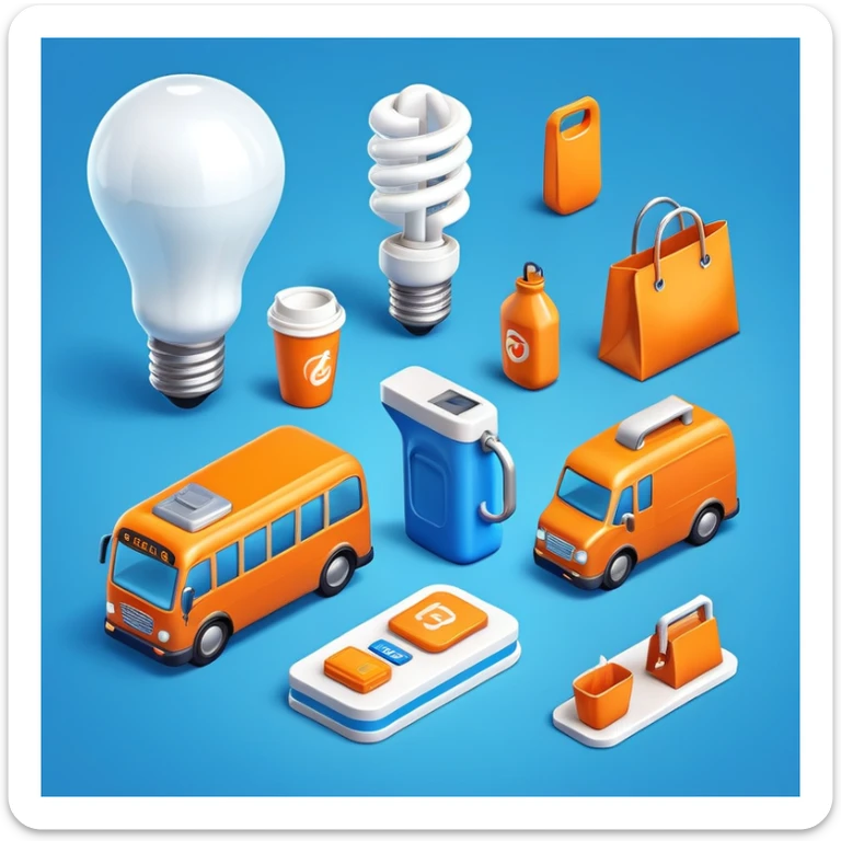 "3D icon set of everyday objects in a modern finance theme: light bulb, fuel pump, bus, shopping bag, coffee cup — smooth plastic texture, bright orange and blue color palette, soft lighting, isometric view, glossy finish, minimal background, high detail, for UI design"
 sticker
