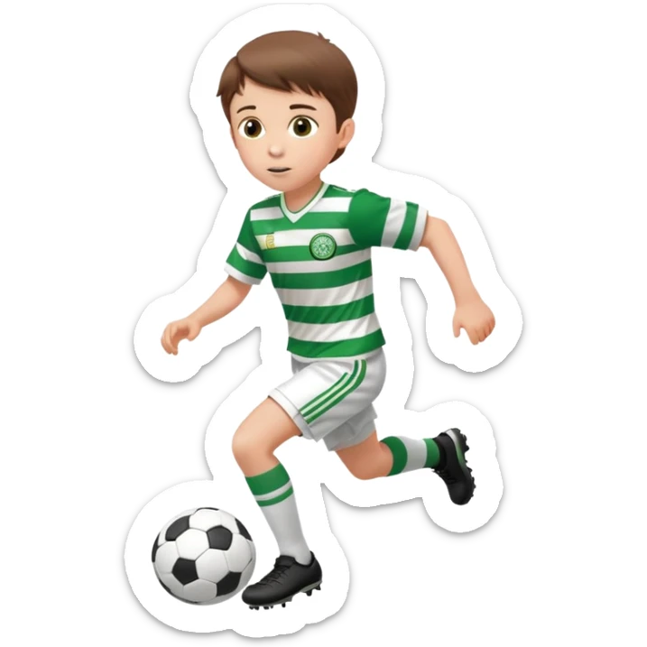 Celtic footballer jersey logo  6 years old brown hair white boy , brown eyes , stripes uniform , RUNNING  with soccer ball # 17 celtic football logo PUT ONLY ONE LOGO ONE CELTIC LOGO ONLY white shorts sticker