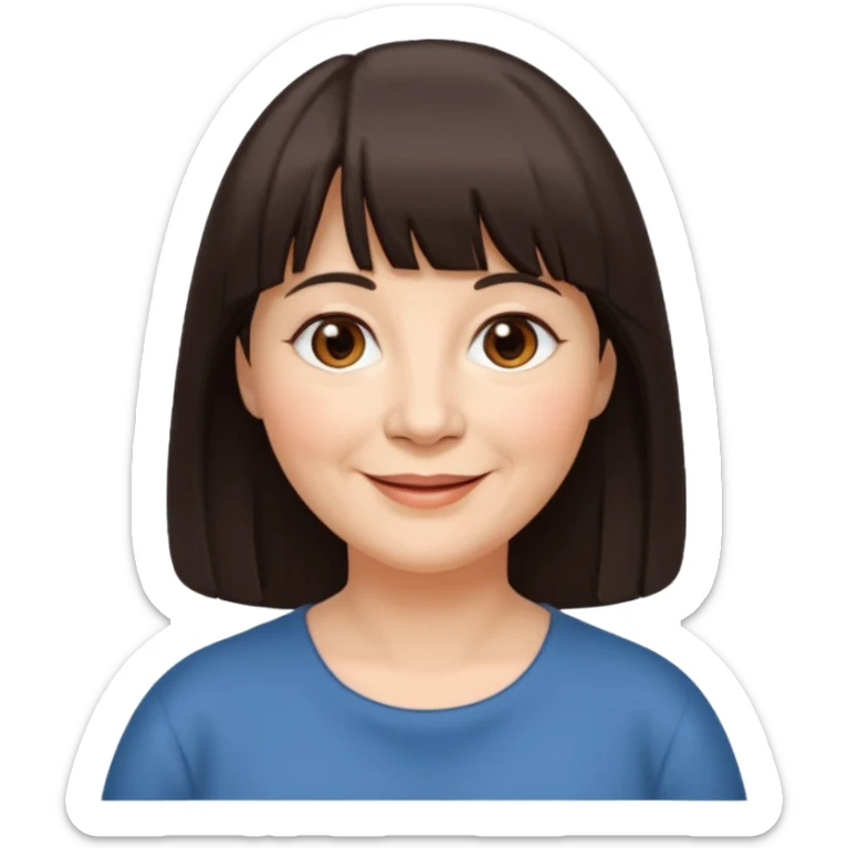 60 yr old woman, very small brown eyes, long hair, straight dark brown hair, bangs, chubby, long face sticker