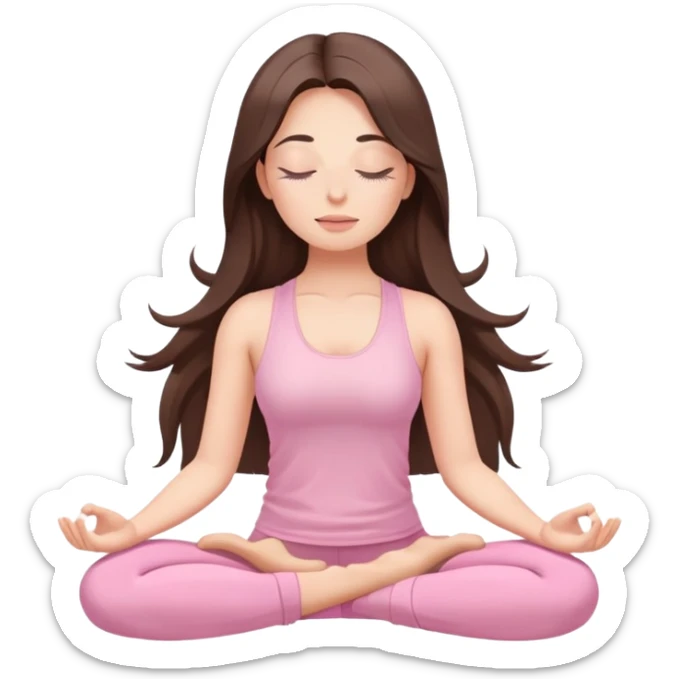 Brunette long hair Woman wearing pastel pink with eyes closed and long eyelashes doing yoga mediation  sticker