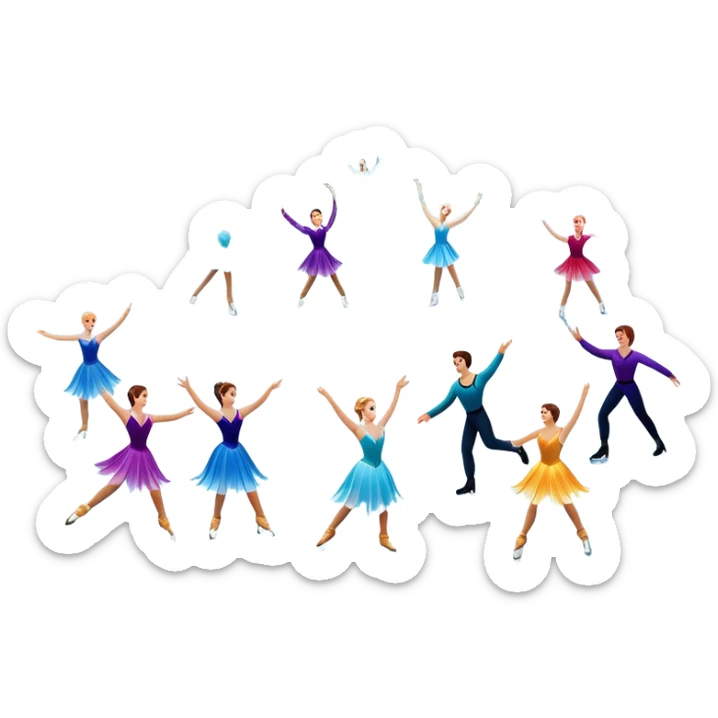 An icon of a theatrical ice show with close-up costumed figure skaters performing a dramatic scene on a glowing ice stage. Spotlights, colorful scenery, and a cheering audience in a grand arena convey the magic and artistry of the ice performance. Transparent background included. sticker