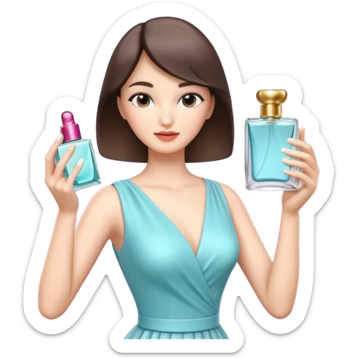 stylish woman spraying perfume, holding a perfume bottle, soft mist spray in the air, elegant pose, 3D cartoon, mobile game icon style, clean background, no text, no watermark

 sticker