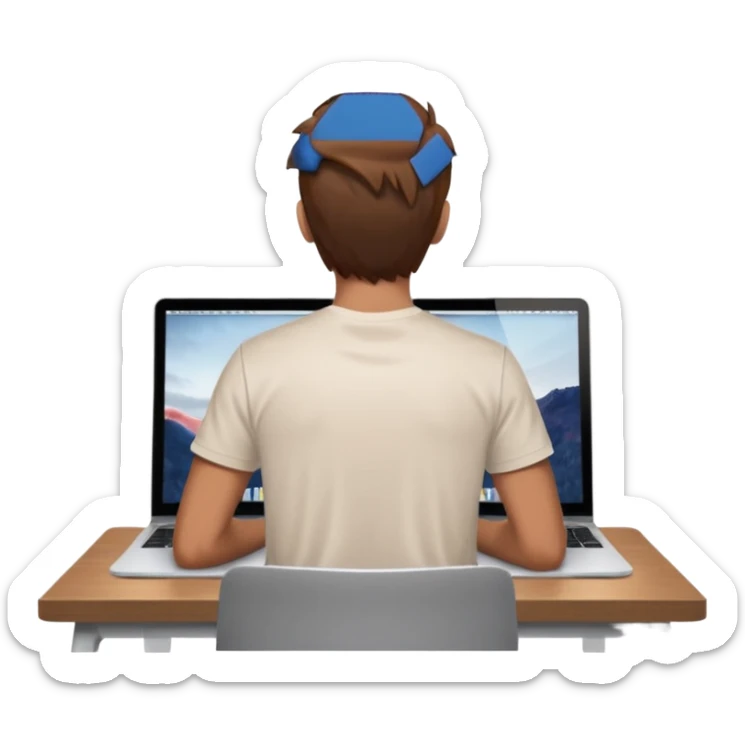 A man seen from behind, with detailed, well-lit hair. He is sitting in front of an open MacBook on a desk. On the MacBook screen, the Instagram logo is clearly visible and glowing.  sticker