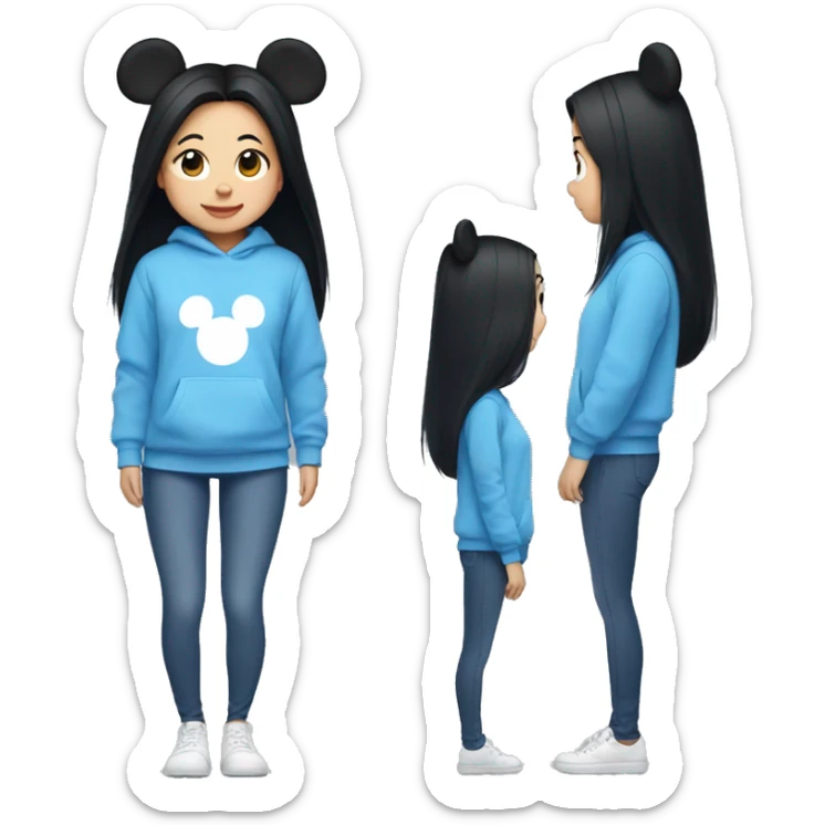 Asian girl long black hair with mickey ears wearing blue stitch sweatshirt  sticker
