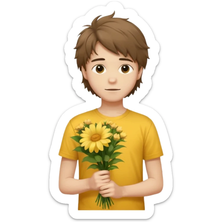 generate an ios genmoji of a 20 year old fair boy with brown long and messy hair with faint upper lip hair - visible (brown). should look like he cant grow a mustache., carrying a flower bouquet, wearing a yellow tshirt, looking shy sticker