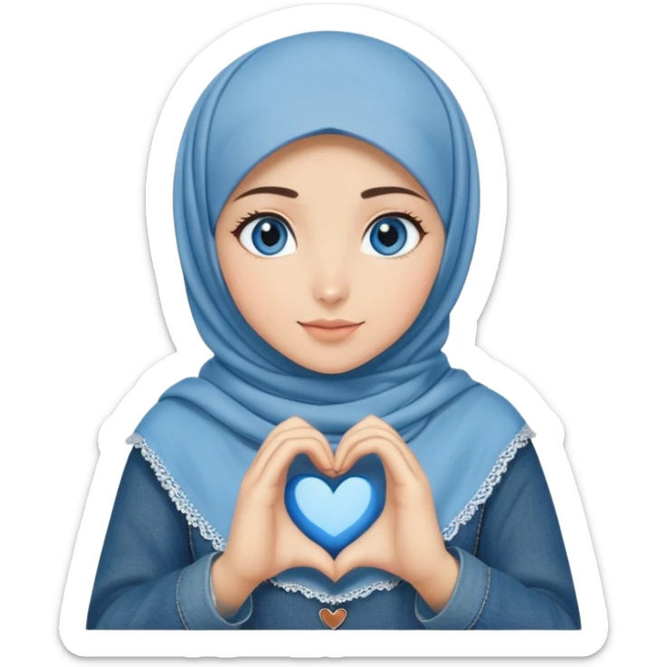 Turkish beautiful finish Konya girl blue eyes with denim hijab islamic dress and making heart with hands sticker