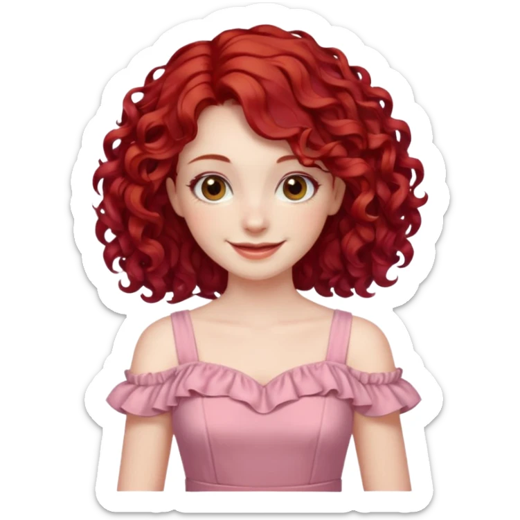 woman with shoulder length curly cherry red hair with brown eyes and pale skin smiling. pastel dress sticker