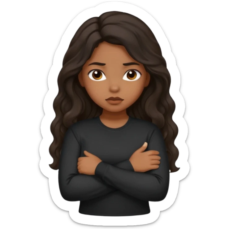 Hispanic girl with dark long wavy hair crossing her arms while pouting and wearing a black long sleeve shirt sticker