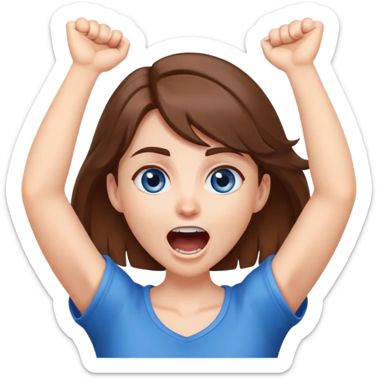 A white skin, brown hair, blue eye girl with arms over neck and yelling  sticker