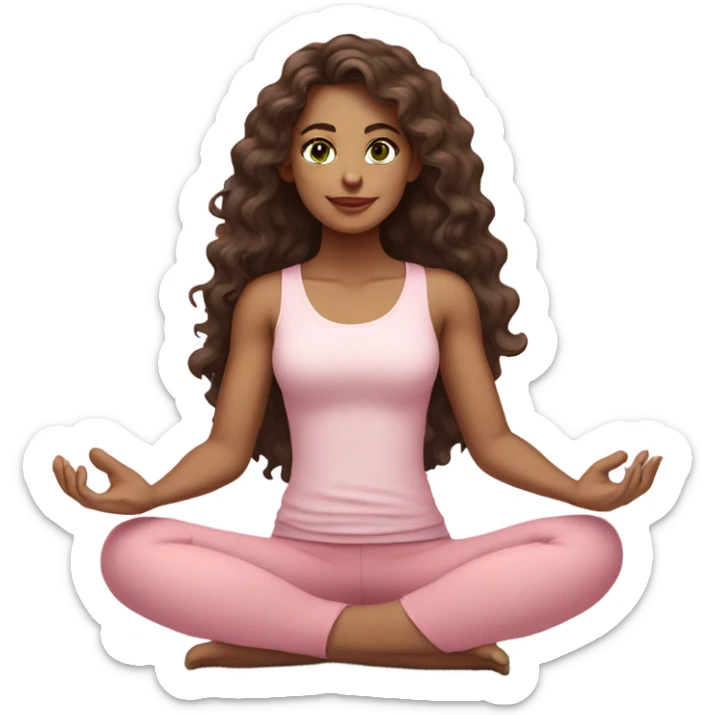 Dark brown long curly hair and green eyes yoga beautiful young woman in light pink pink pink clothes sitting on a yoga mat sticker