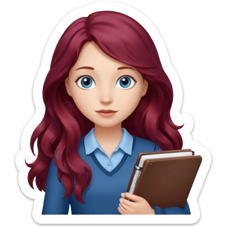 girl with long wavy burgundy hair, blue eyes and a notebook sticker
