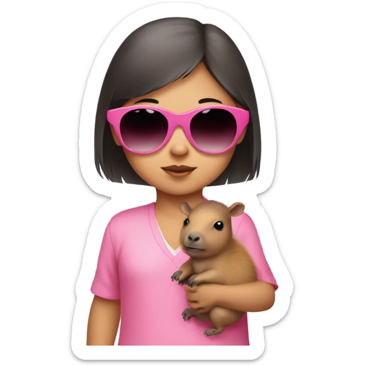 Asian baby girl in pink with sunglasses with capybara  sticker