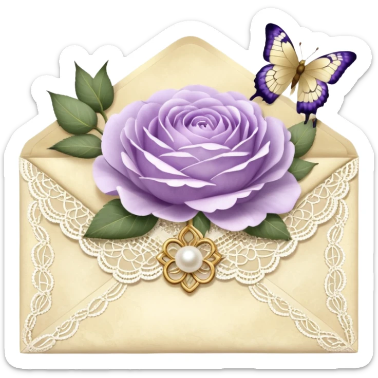 A delicate still life of an aged love letter sealed with golden wax, placed on a vintage lace doily, accompanied by a bouquet of pale purle roses and white peonies, with a shimmering pearl butterfly resting on the envelope. sticker