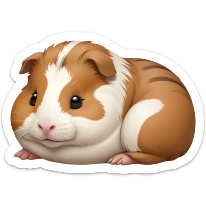 Meme-Worthy Cute Sleeping Brown and White Banded Guinea Pig Portrait Emoji, Head resting peacefully with a contented smile, showcasing a delightfully chubby build and a luxuriously soft banded fur of brown and white, eyes shut in a serene, cozy nap, Simplified yet hilariously adorable features, highly detailed, glowing with a soft, drowsy light, high shine, relaxed and utterly lovable, stylized with an air of playful laziness, bright and heartwarming, soft glowing outline, capturing the essence of a comically sleepy guinea pig, so meme-worthy it feels like it could instantly become the next viral sensation of adorable slumber! sticker
