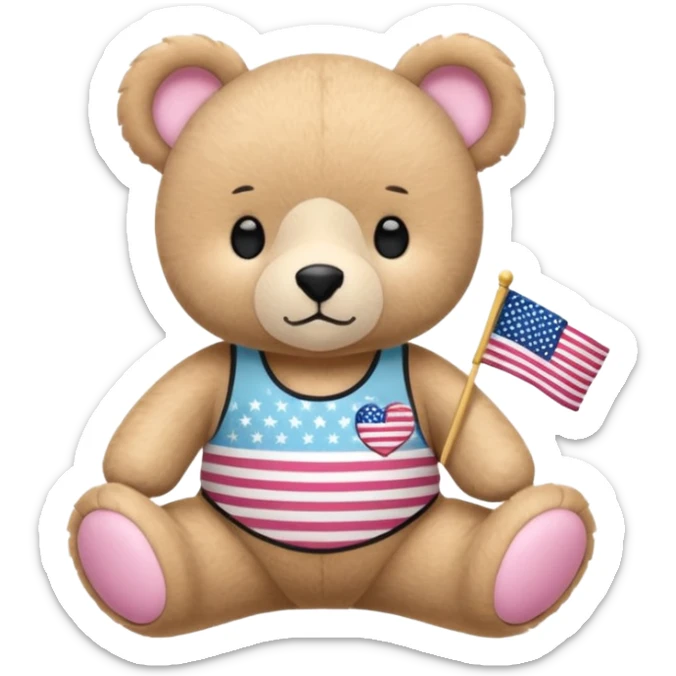 osito de peluche cafe claro con ropita rosa claro y estapado de la bandera de usa y otro con una liga de pilates en la cabeza y con ropa deportiva sticker