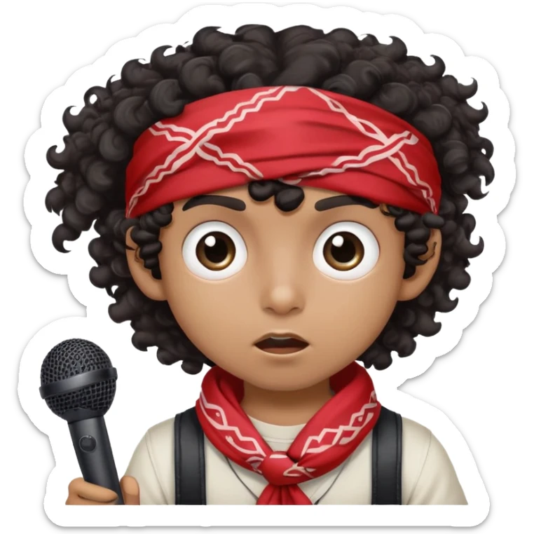ugly light dark skin boy with bandana on head and dark curly hair and HUGE eyes and holding a microphone sticker