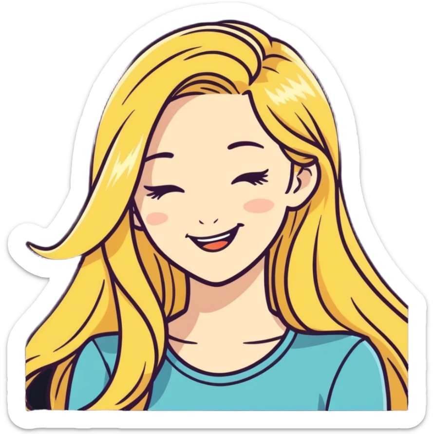 woman with long blonde hair, winking, playful pose, sticker style sticker