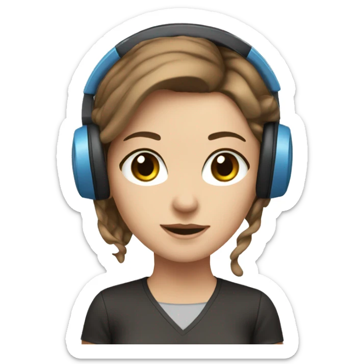 white girl at desk, brown hair, blue eyes, computer, headphones sticker