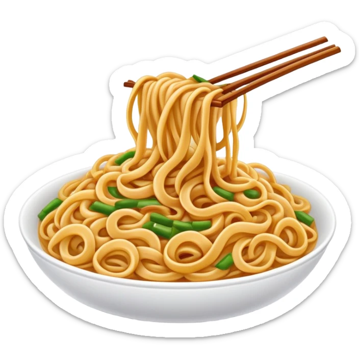 Shanghai Fried Noodles with thick chewy texture, simplified emoji style with bold outlines and bright colors, cartoon style stir-fried Shanghainese Cu Chao Mian sticker