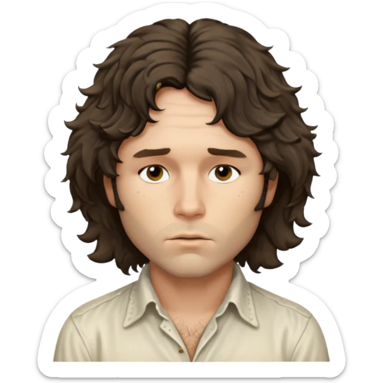 cinematic realistic ultra HD - a thoughtful, messy, shaggy Jim Morrison in a ivory Victorian shirt sticker