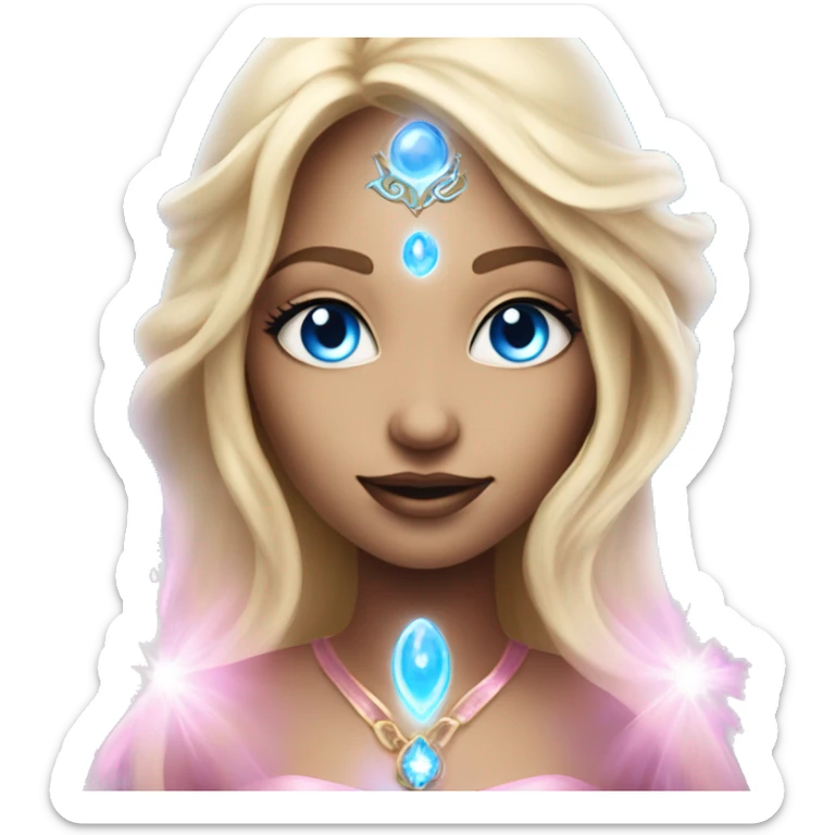 magical diva with thin pink andromedan face long blonde hair and blue eyes glowing third eye sticker