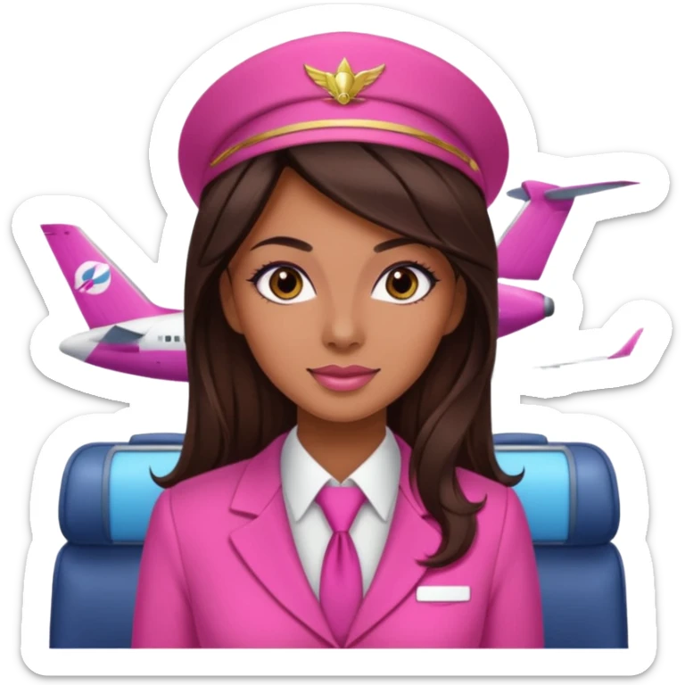 Flight attendant with pink outfit tan skin long dark brown hair with highlights pretty makeup sticker