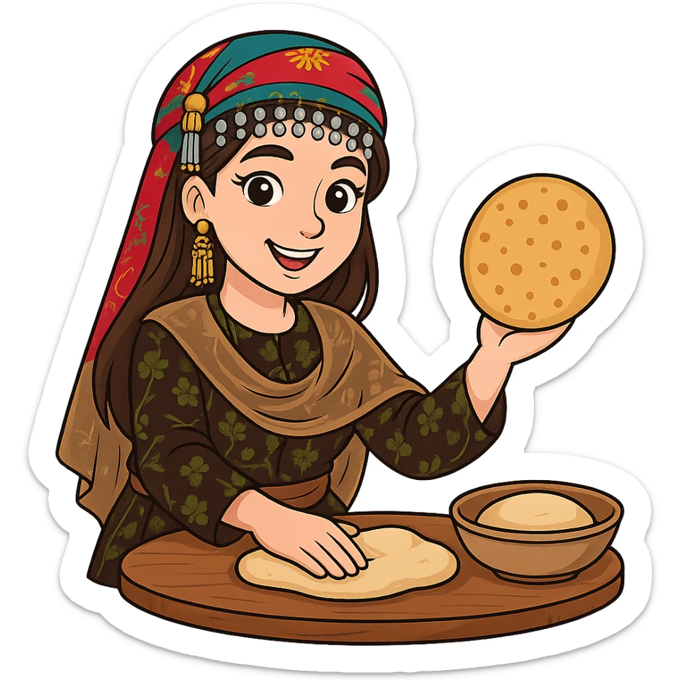 Kurdish cartoon sticker of the same woman in the new dress, baking bread, holding flatbread or working with dough, smiling, no text, transparent background sticker