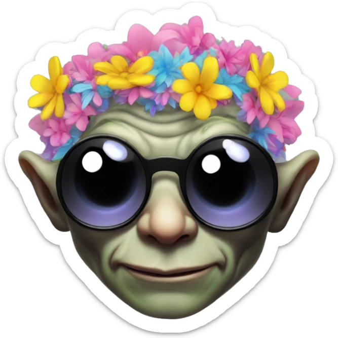 gollum dressed for an edm concert, sunglasses, flowery, neon colors sticker