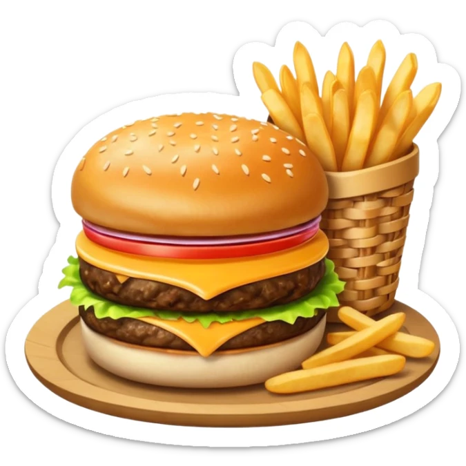 1950s diner food meal. Realistic Cheese Burger with French fry basket sticker