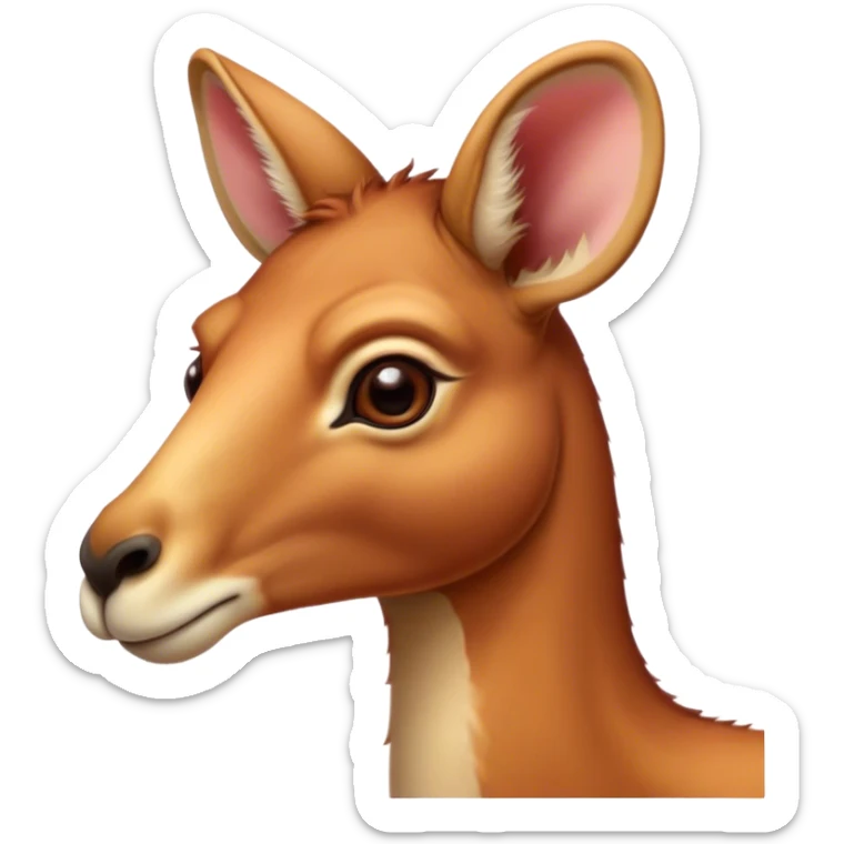 Cinematic Noble Adult Red Kangaroo Portrait Emoji, Poised and regal, with a robust, muscular build, tawny reddish fur, and a distinctive camel-shaped head featuring a slightly elongated snout, prominent ears, and keen, observant eyes, Simplified yet sharp and sophisticated features, highly detailed, glowing with a warm, sunlit glow, high shine, intelligent and commanding, stylized with an air of outback authority, focused and vigilant, soft glowing outline, capturing the essence of a watchful guardian that seems ready to bound out of the screen with effortless power! sticker