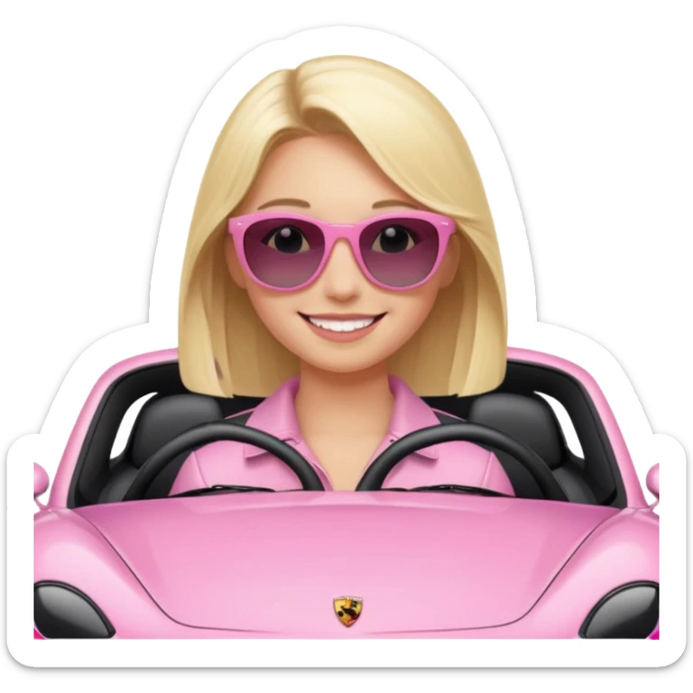 Pink porsche taycan with blonde girl in front of it sticker