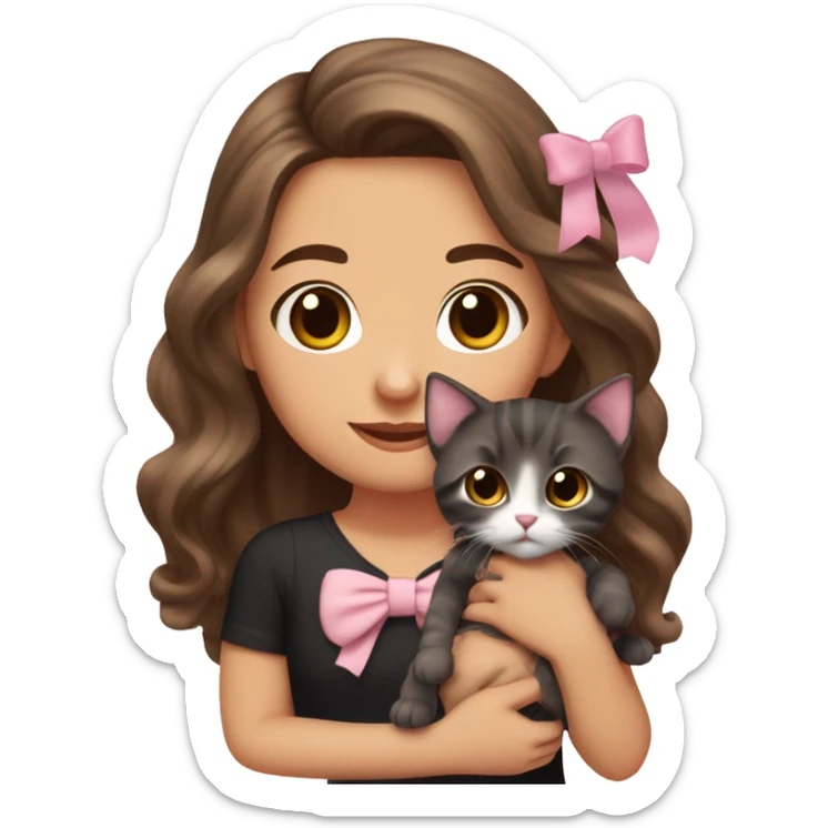 olive-toned brunette with long wavy brown hair and brown eyes, wearing a light pink hair bow. She is holding a black kitten that also has a matching pink bow sticker