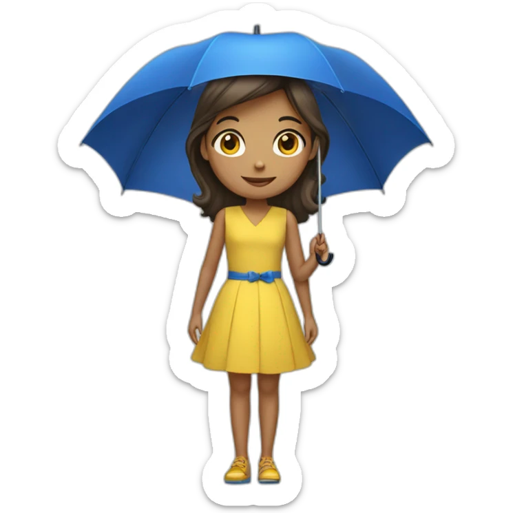 a girl in a yellow dress with a blue umbrella sticker