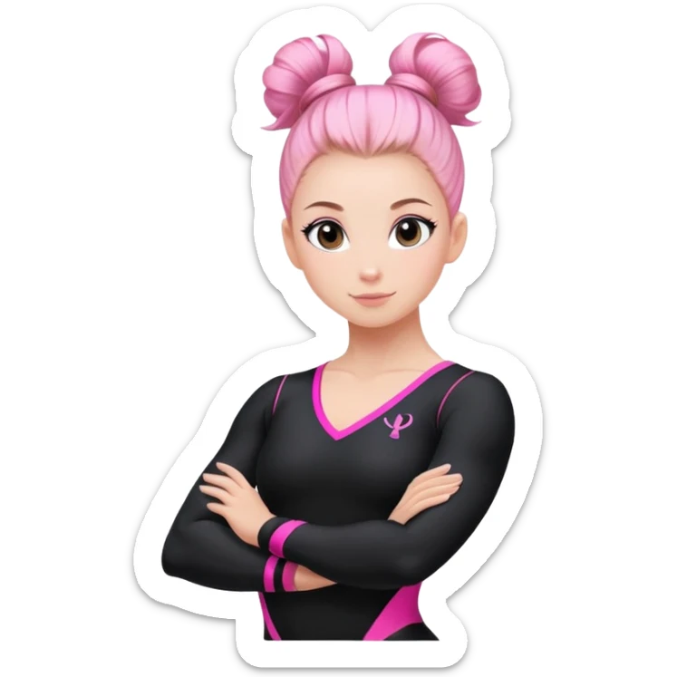A female gymnast in a black uniform with pink elements and her hair in a neat bun. sticker