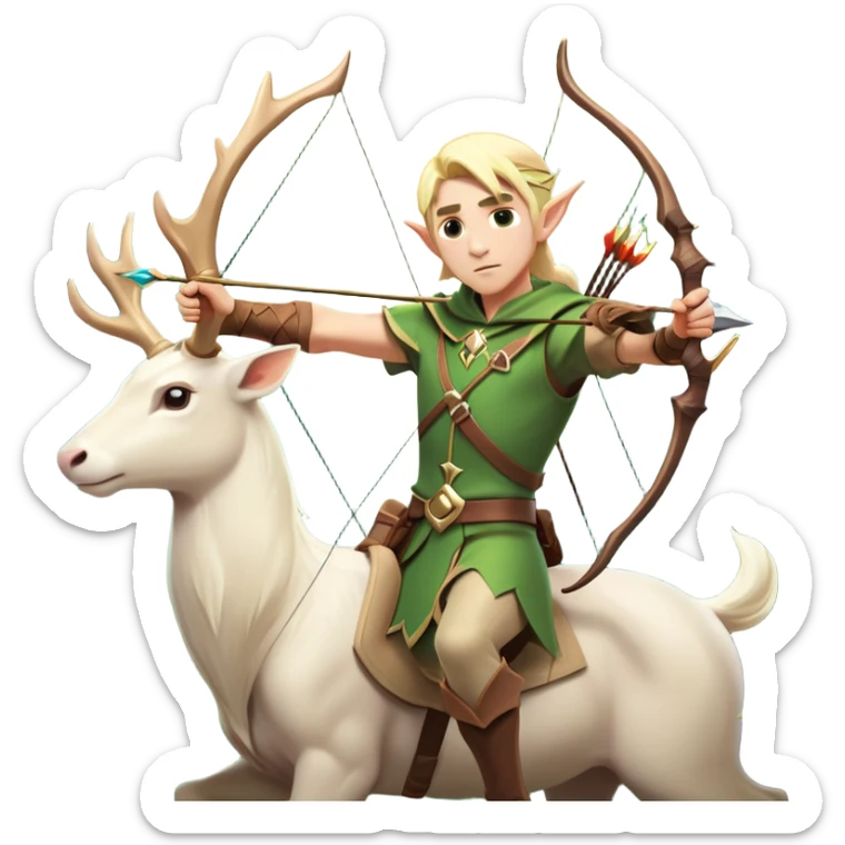clash-of-clans-aesthetic-blond-male elf-archer-portrait-emoji, rendered in a flat, vector-style with minimal shading and bold holding his bow, simplified shapes, head tilted slightly forward with a determined, focused expression, riding a majestic white stag whose antlers glow with mystical energy, set against an ancient, enchanted forest backdrop. sticker