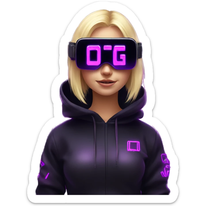 Russian cute blond girl wearing black hoody with violet letters "OMG", in vr headset. Cyberpunk style. Violet neon. sticker