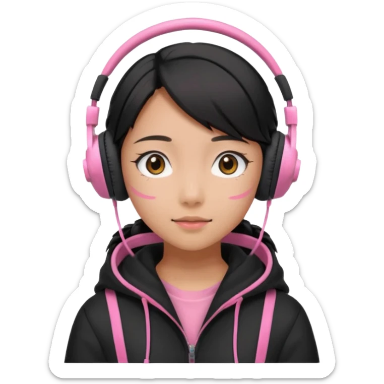 Girl in headphones, black and pink colors, ghibli style sticker