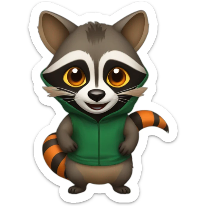 brown raccoon with orange eyes and a dark green hood that is laughing sticker